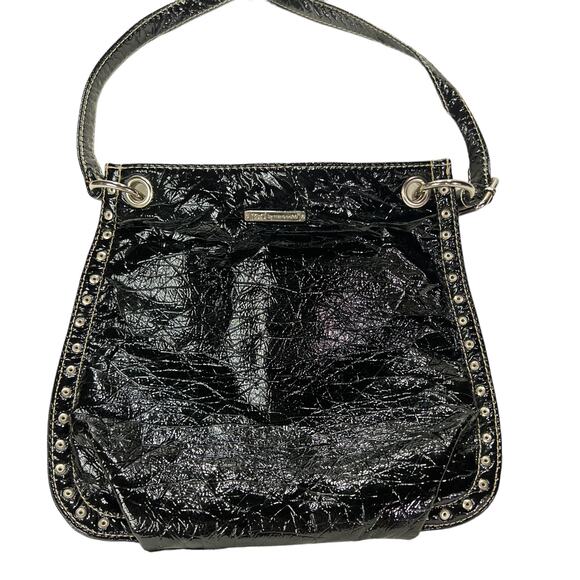Red by Marc Ecko Faux Patent Leather Crossbody Bag Black Silver Studs 11x10 - Picture 1 of 16